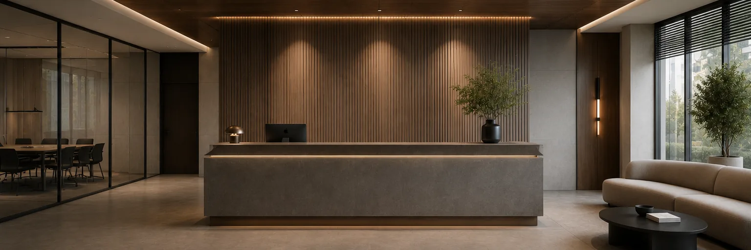 Dark LEONIX lobby with reception desk, warm lighting, wood texture and calm premium atmosphere