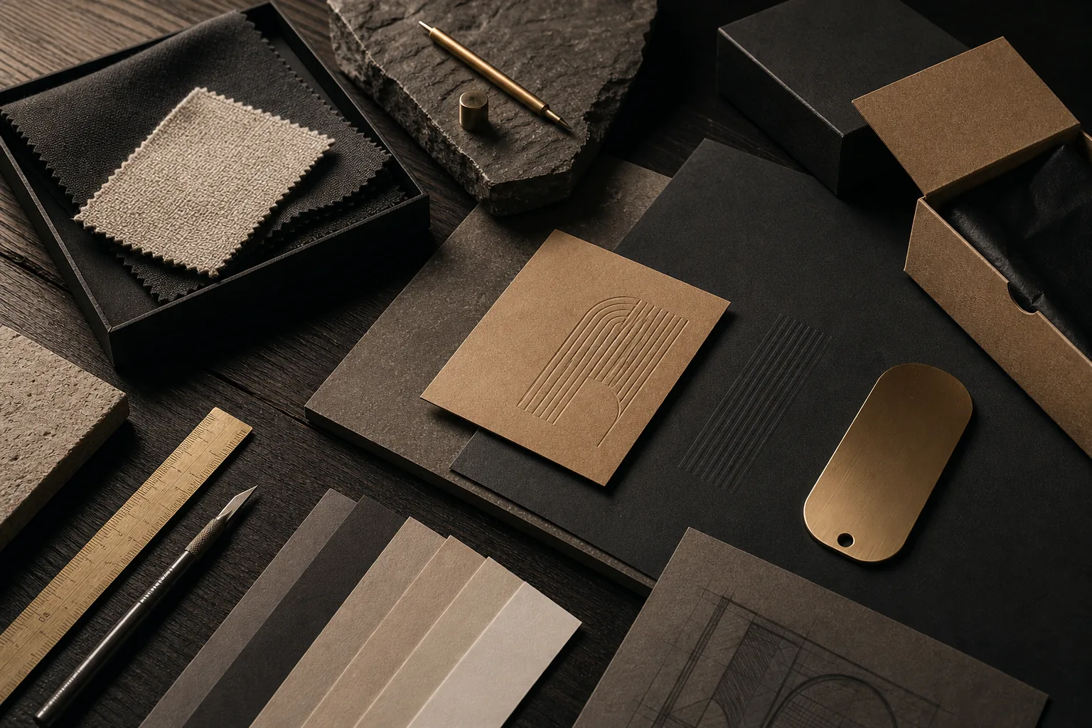 Material samples, packaging and development details on a dark table